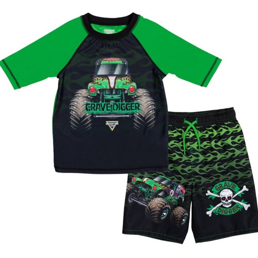 Grave Digger Monster Jam kids Swim Set - Green and Black toddler